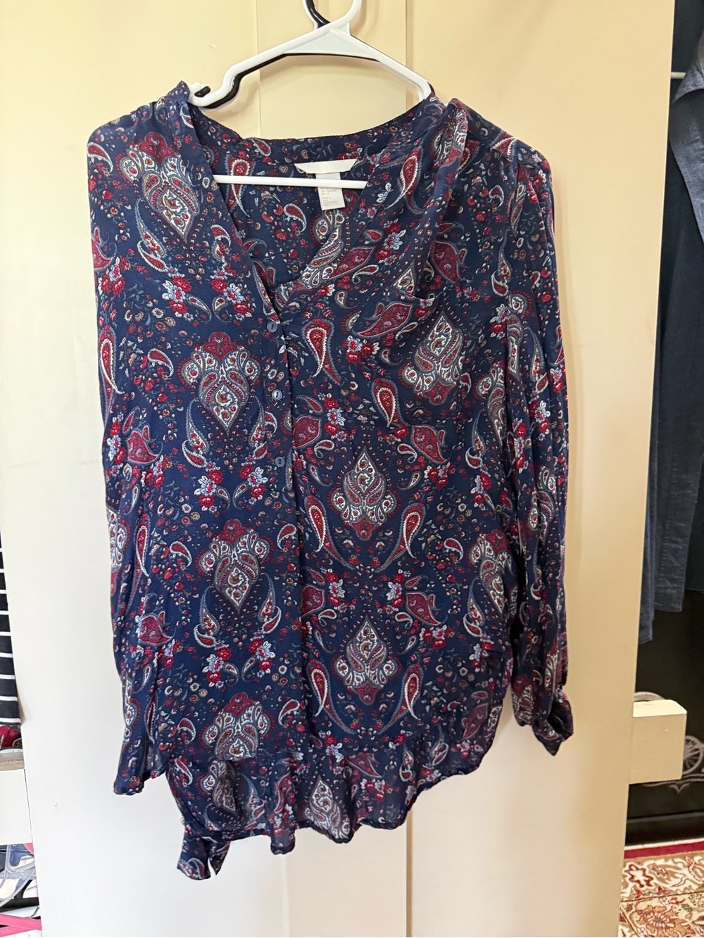 Women’s Navy Paisley Long-Sleeve Blouse